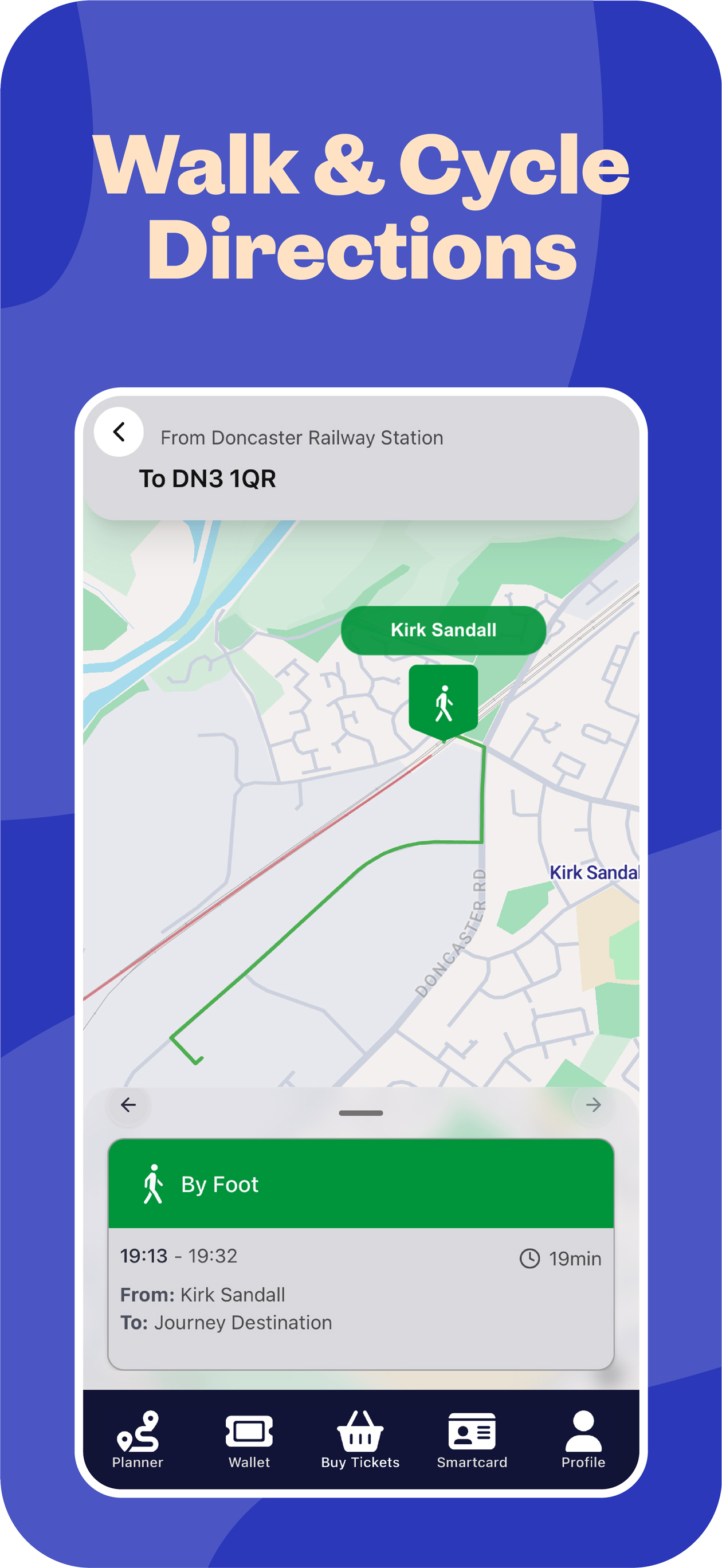 Screenshot of TSY app showing Walking and cycling directions feature
