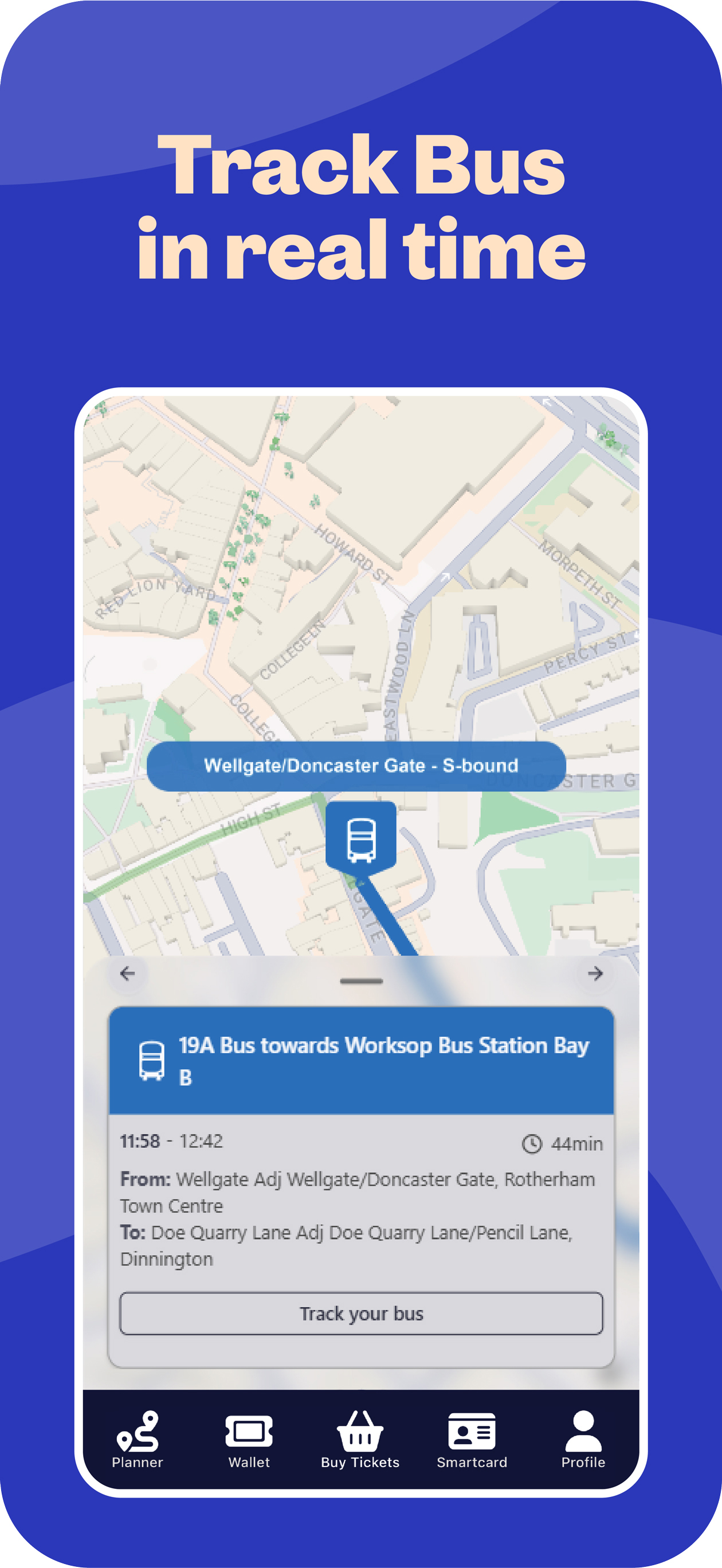 Screenshot of TSY app showing Track Bus in real time feature